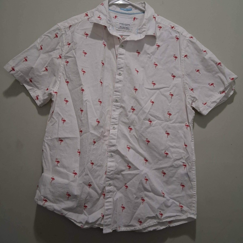 Denim & Flower Ricky Singh Mens Large White Pink Flamingo Short Sleeve Button Up